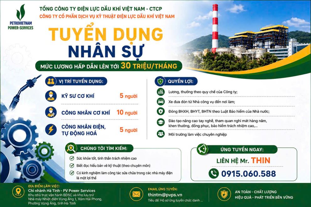 Chi nhánh Hà Tĩnh thông báo tuyển dụng kỹ sư cơ khí, công nhân cơ khí, công nhân điện - tự động hóa